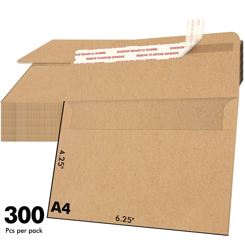 300PK Brown Kraft Envelopes 4×6 Self Seal Invitation Envelope A4 4.25×6.25″ 115g