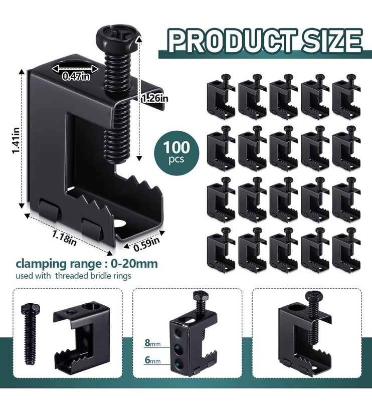 100 Packs Beam Clamps, 1/4″-20 Black Steel Bolt-On Clamp Hangers Used in Combina