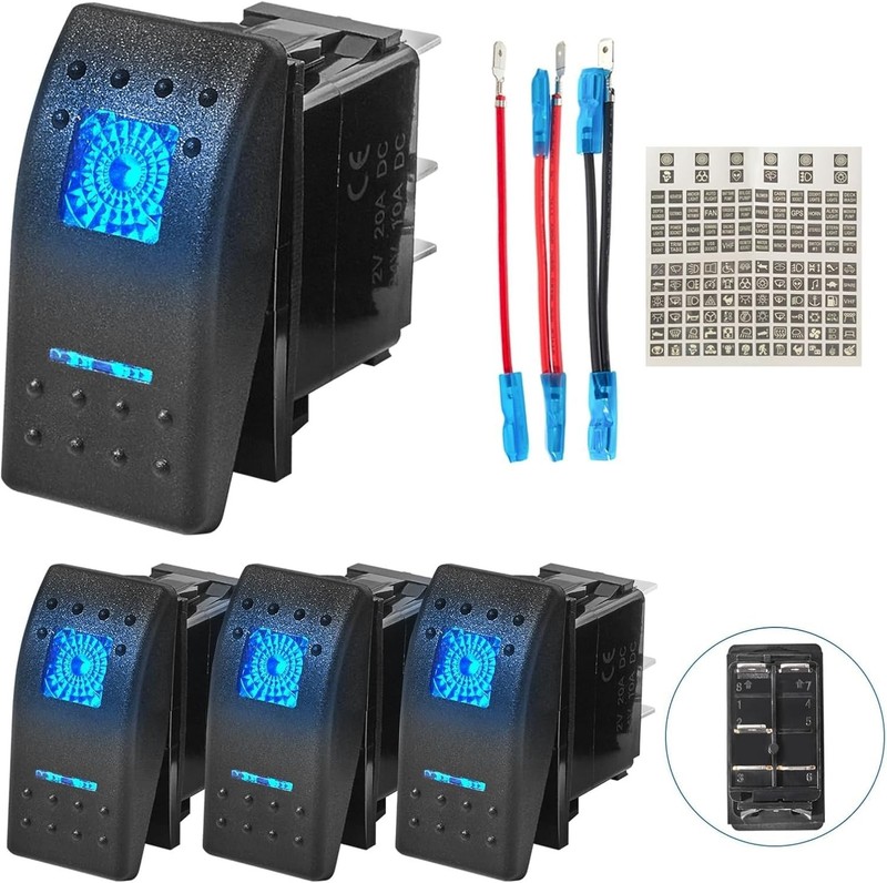 4PCS 5Pin SPST Rocker Switch 20A/12V 10A/24V with Blue LED for Marine & Vehicles