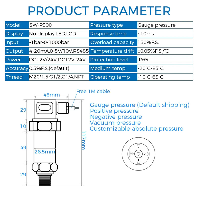 Pressure Transmitter Water Oil Gas Sensor 4 20mA 0-5V 10V RS485 Output D24V gallery