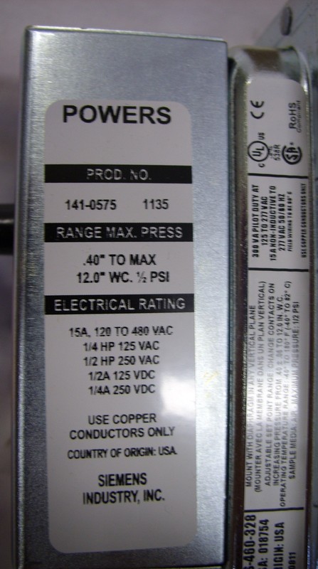 SIEMENS POWERS - AIR FLOW SWITCH - MANUAL RESET 141-0575 *NEW* gallery