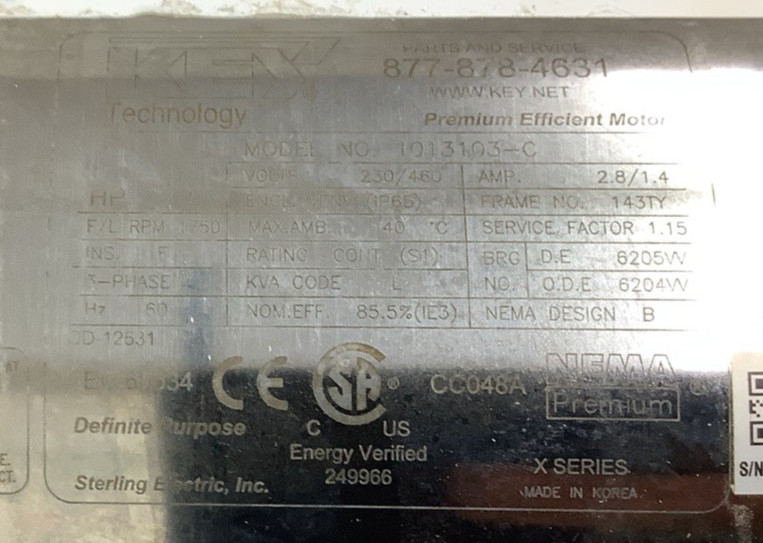 Key Technology 1013103-C General Purpose Motor 1HP 1750RPM 230/460VAC 3-Ph(R101) gallery