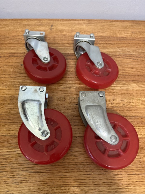 Lot Of 4 Caster Wheels Red 4” Diameter. 2 Swivel, 2 Standard