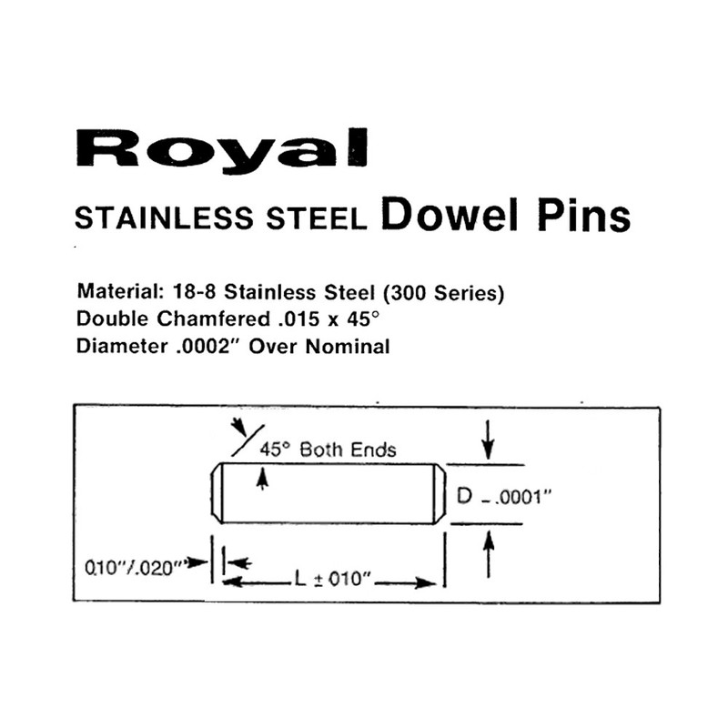20 Pack - 3/16" x 3/8" through 1-1/2" Royal 18-8 Stainless Steel Dowel Pins USA gallery