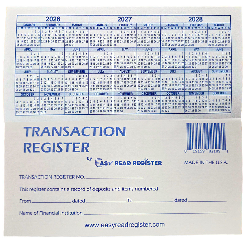Checkbook Transaction Registers, 2026-2027-2028 Calendars by Easy Read Register