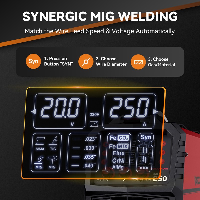ARCCAPTAIN 250A MIG Welder Gas MIG/Gasless MIG/Stick/Lift TIG/Spool 110V 220V gallery