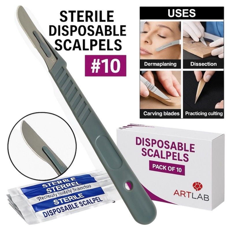 10 PCS STERILE DISPOSABLE SCALPELS #10-SINGLE USE-DENTAL, SURGICAL, DERMAPLANING gallery