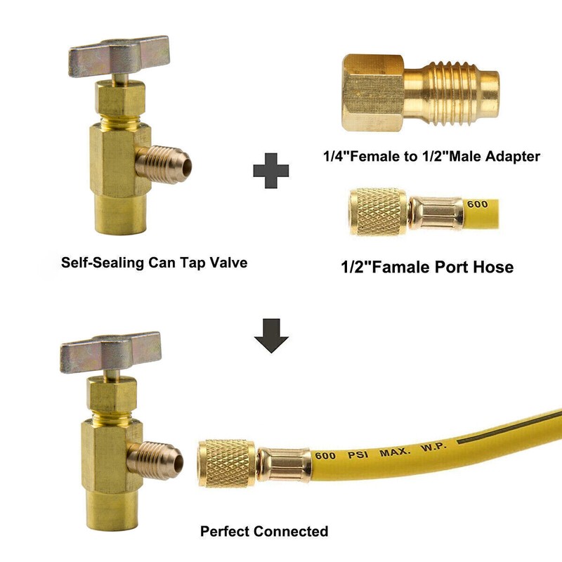 1/2"Acme 1/4"SAE Refrigeration Can Tap Opener Recharge Tank Adapter 1/4SAE hose gallery