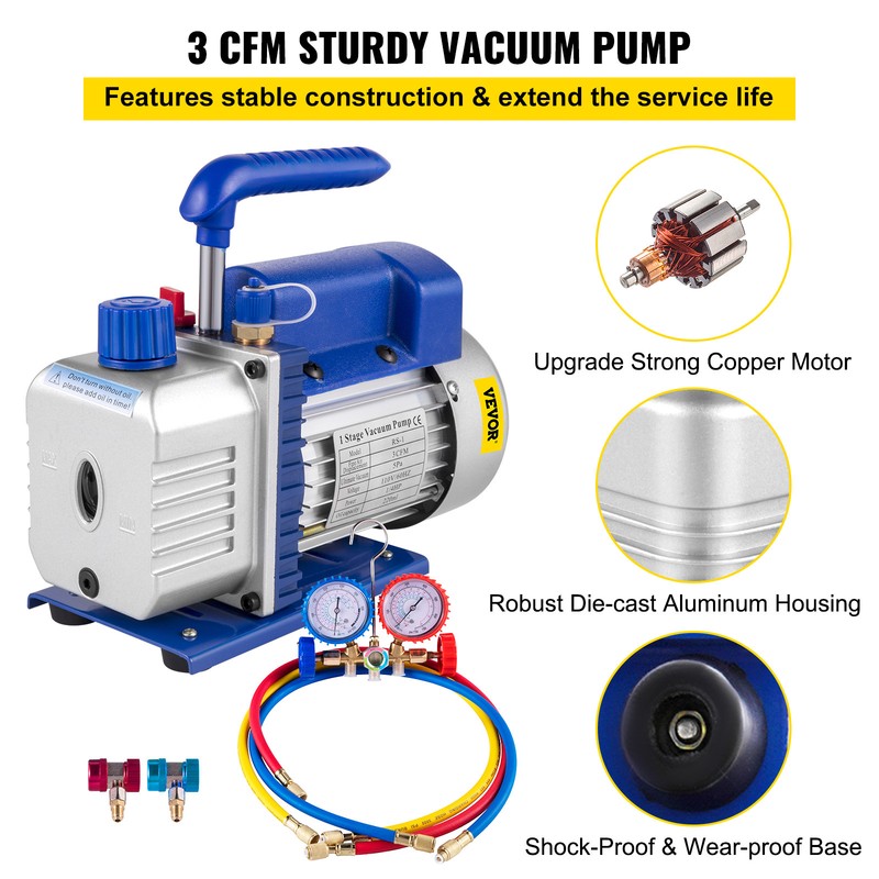 VEVOR 3 CFM Air Vacuum Pump HVAC Manifold Gauge Set AC A/C Refrigeration Kit gallery