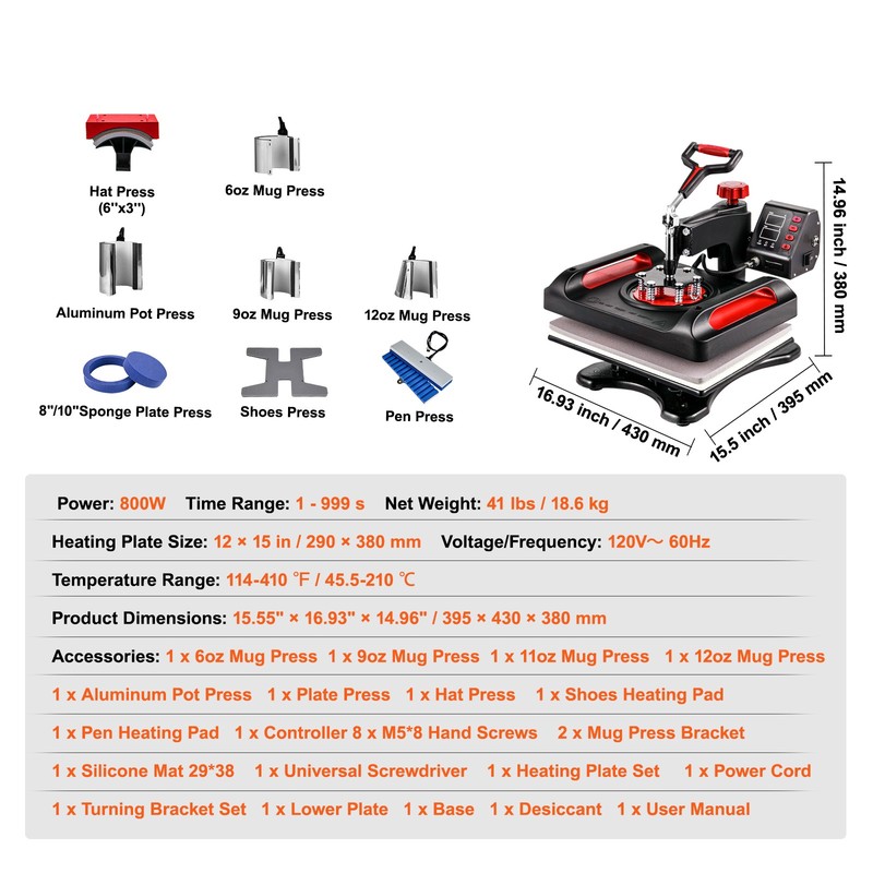 VEVOR 11 in 1 Combo Heat Press 15"x12" Sublimation Machine T-Shirt Mug Hat Plate gallery
