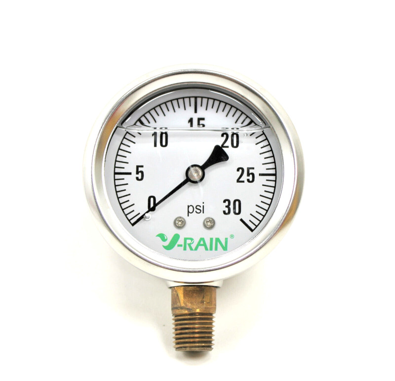 Pressure Gauge 0-30 psi Glycerin Filled 2-1/2″ Dia 1/4 NPT lower mount stainless