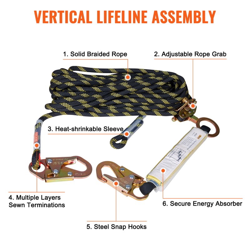 VEVOR Vertical Lifeline Assembly 25ft Fall Protection Rope Polyester 30 KN ANSI gallery