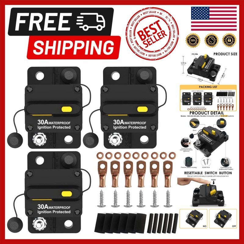 3-Pack 30 Amp Waterproof Circuit Breaker with Manual Reset for Marine & Vehicles
