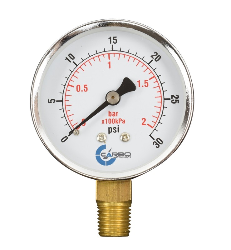 2-1/2″ Pressure Gauge – Chrome Plated Steel Case, 1/4″NPT, Lower Mnt. 30 PSI