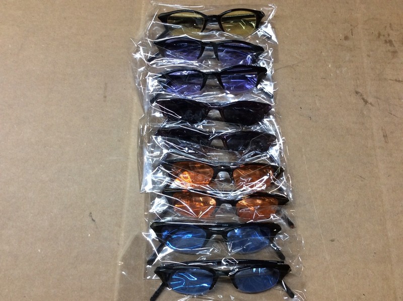 NEW ASSORTED BOX OF SUNGLASSES SUN GLASSES SET OF 9 GLASS COLORED SMALL LENS