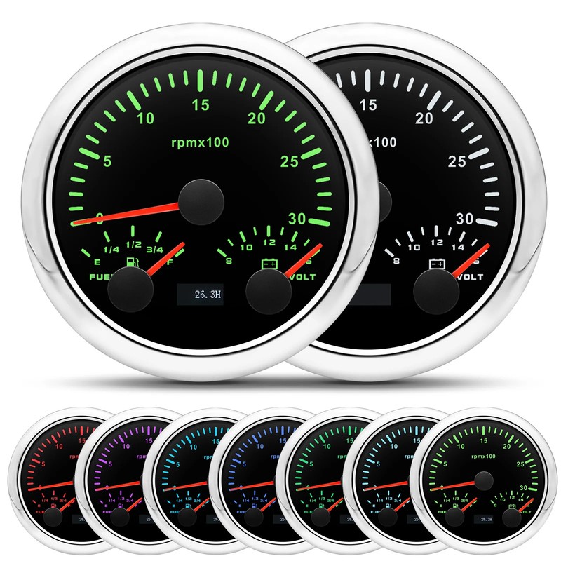 85mm Gauge 3 IN 1 Tachometer Fuel Level Guage Voltage Sensor 0-190 ohm Car Boat gallery