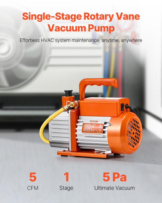 VEVOR Vacuum Pump 5 CFM HVAC Single Stage Rotary Vane Vacuum Pump Oil Included gallery