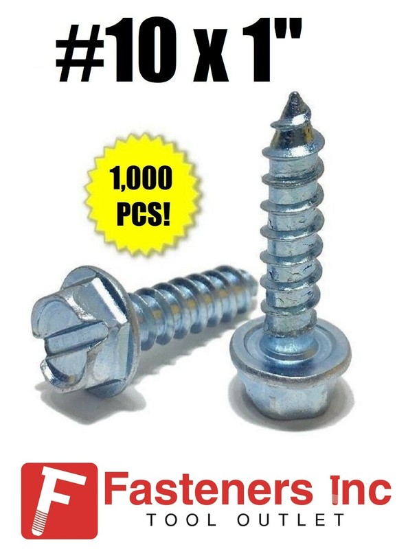 (Qty 1000) #10 x 1″ Hex Washer Head Slotted Sheet Metal Screw Zinc Plated
