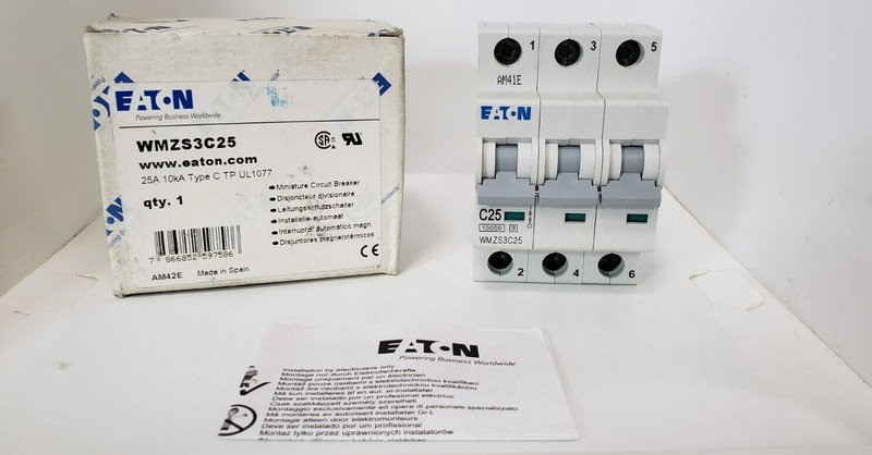 EATON WMZS3C25 CIRCUIT BREAKER, 3 POLE, 25A, 277/480VAC, 10kA, TYPE C, NIB