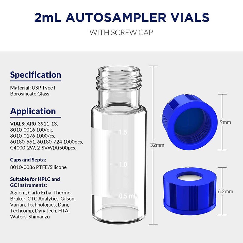 2ml Clear Glass Vials, 9-425 Thread, Type 1 Borosilicate, High Clarity, for Lab gallery