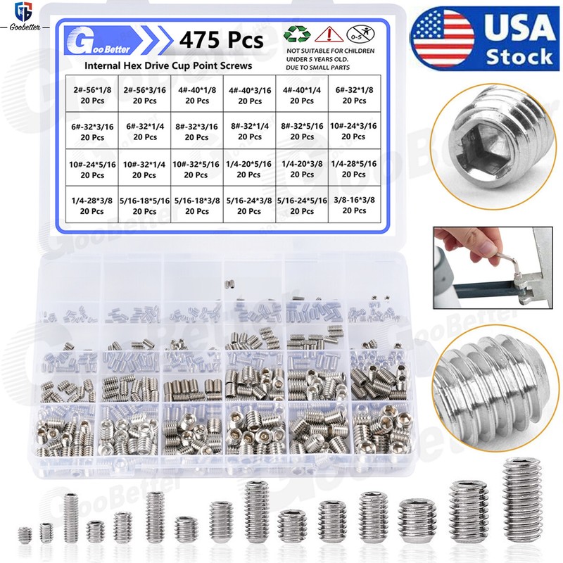 475 Cup Point Socket / Grub Screws Coarse/Fine Thread Stainless Steel Hex Socket