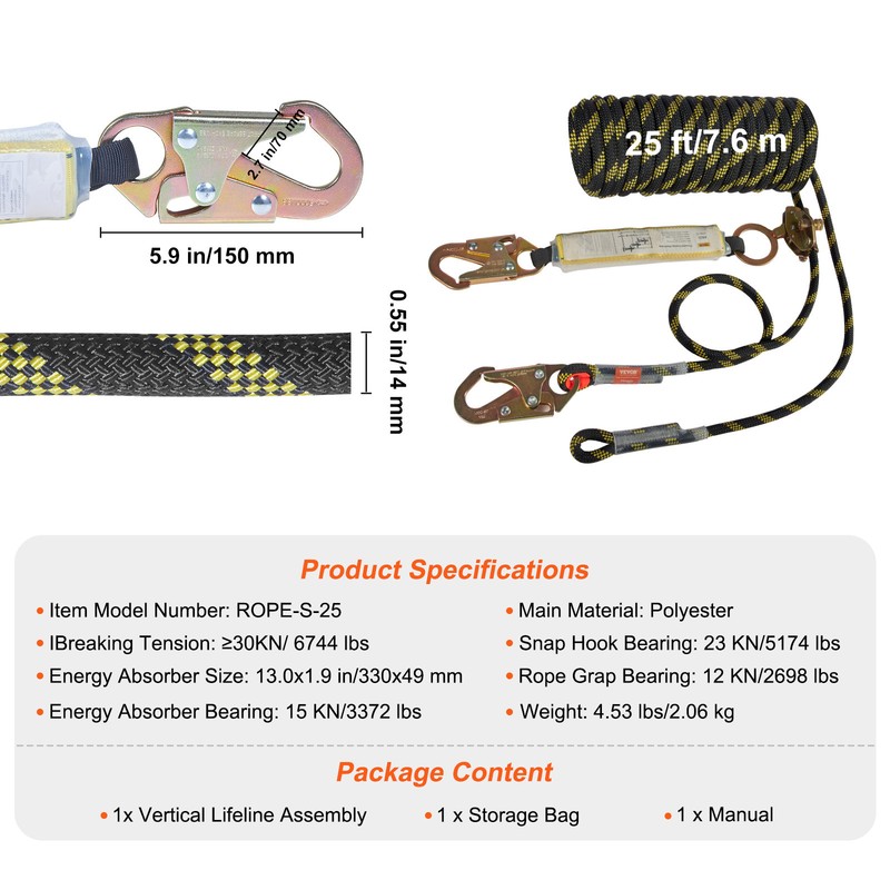 VEVOR Vertical Lifeline Assembly 25ft Fall Protection Rope Polyester 30 KN ANSI gallery