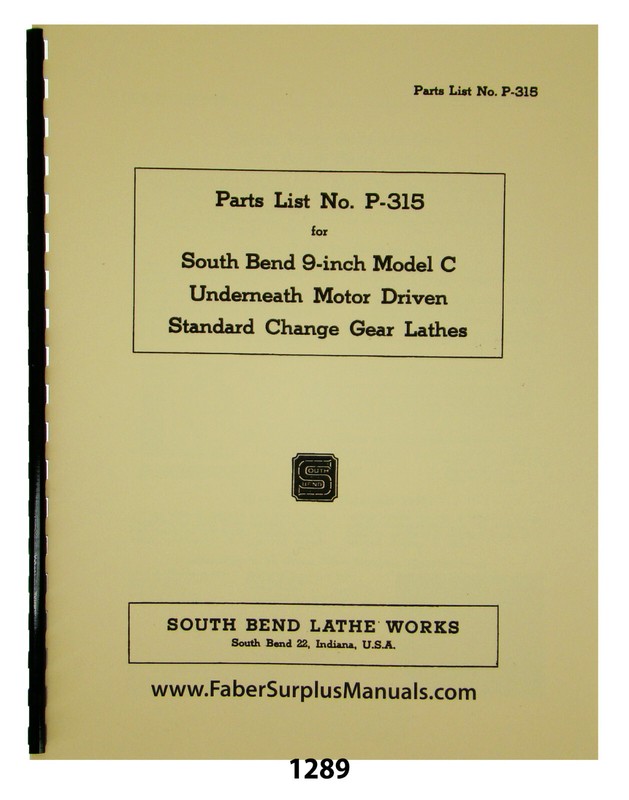 South Bend 9″ Model C Lathe Replacement Parts List Manual #1289