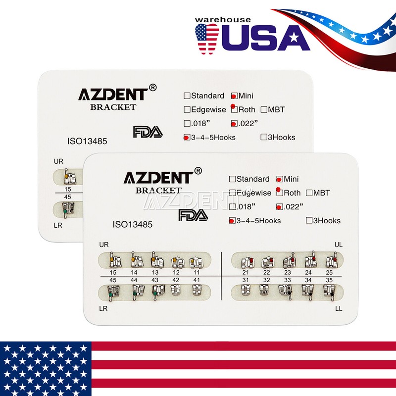 22X AZDENT Dental Orthodontic Braces Brackets Metal Mini Roth 022 Hooks 345 FDA gallery