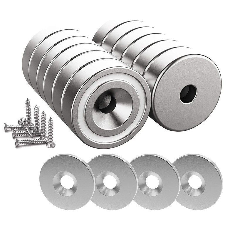 12pc Neodymium Pot Magnets 25LB Pull Force with Countersunk Hole & Steel Pads