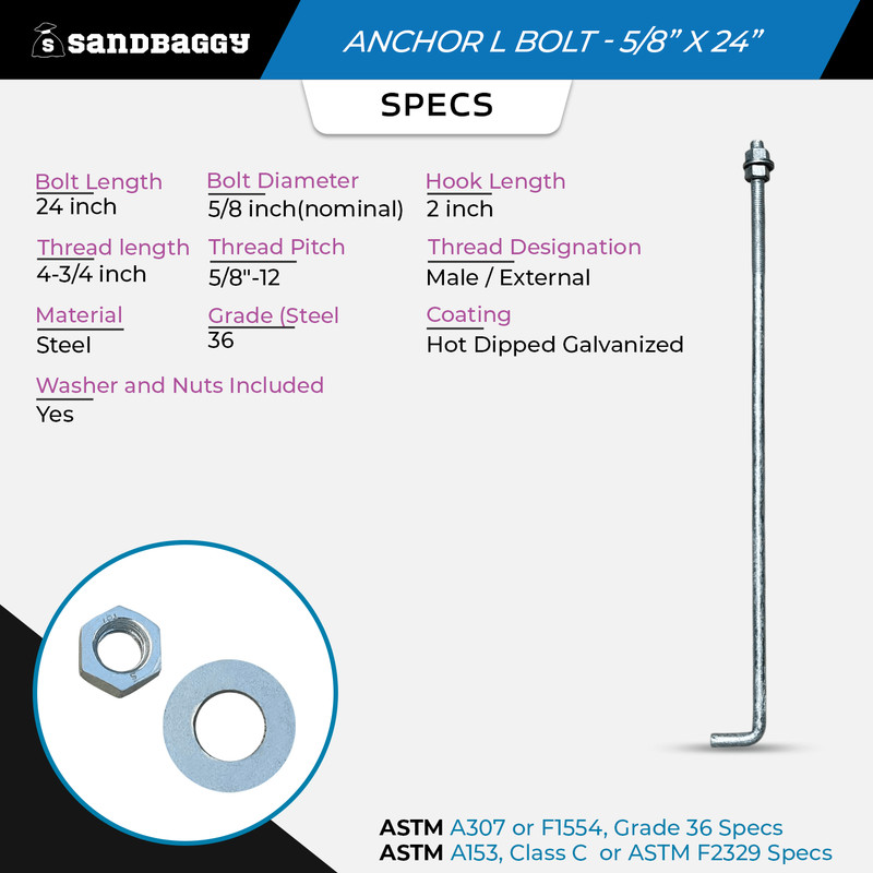 Sandbaggy 5/8" x 24" Threaded Concrete Anchor L-Bolts - Hot Dipped Galvanized gallery