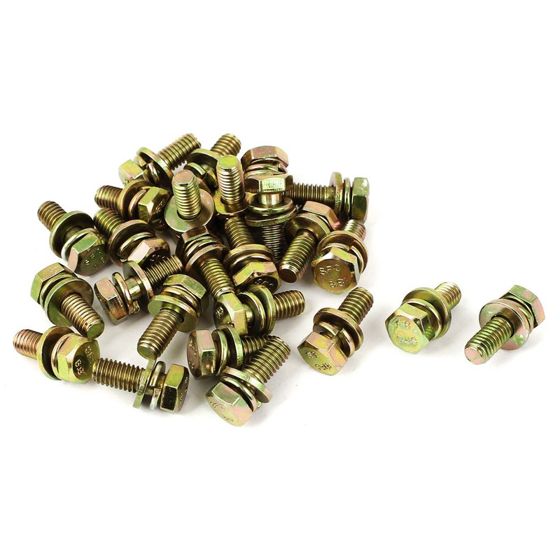 25pcs M6x16mm 8.8 Grade Yellow Zinc Plated Hex Head Bolt w Washer