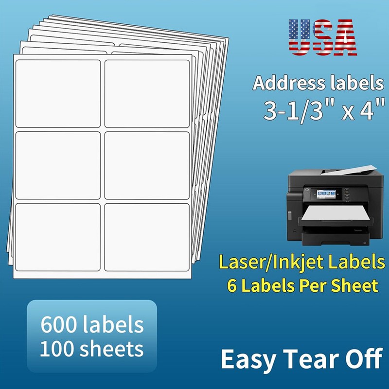 3 1/3″ x 4″ Address Shipping Labels Laser Ink Jet Self Adhesive 6 Per Sheet 6-UP