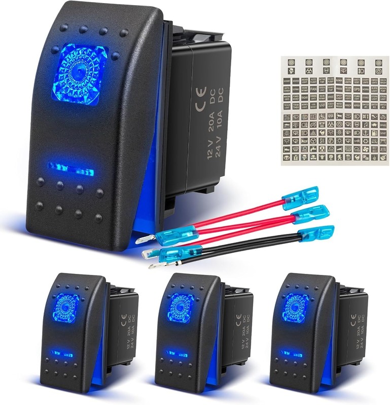 4PCS 5Pin SPST Rocker Switch 20A/12V 10A/24V with Blue LED for Marine & Vehicles
