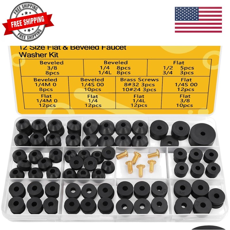 Piece 12 Sizes Faucet Washer Assortment Kit – Flat & Beveled Rubber Washers &…