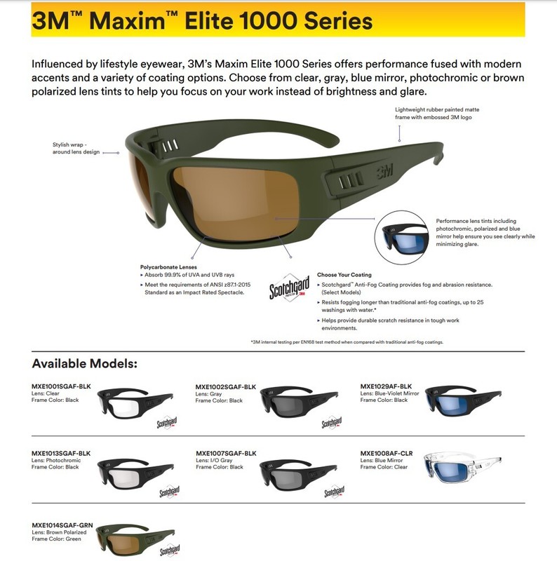 3M Maxim Elite 1000 Safety Glasses Sunglasses Anti-Fog Multiple Colors ANSI Z87+ gallery