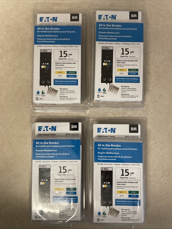 Lot of 4 Eaton BR 15 Amp All in One AF/GF Plug-On-Neutral Breaker (BRN115A1CS)