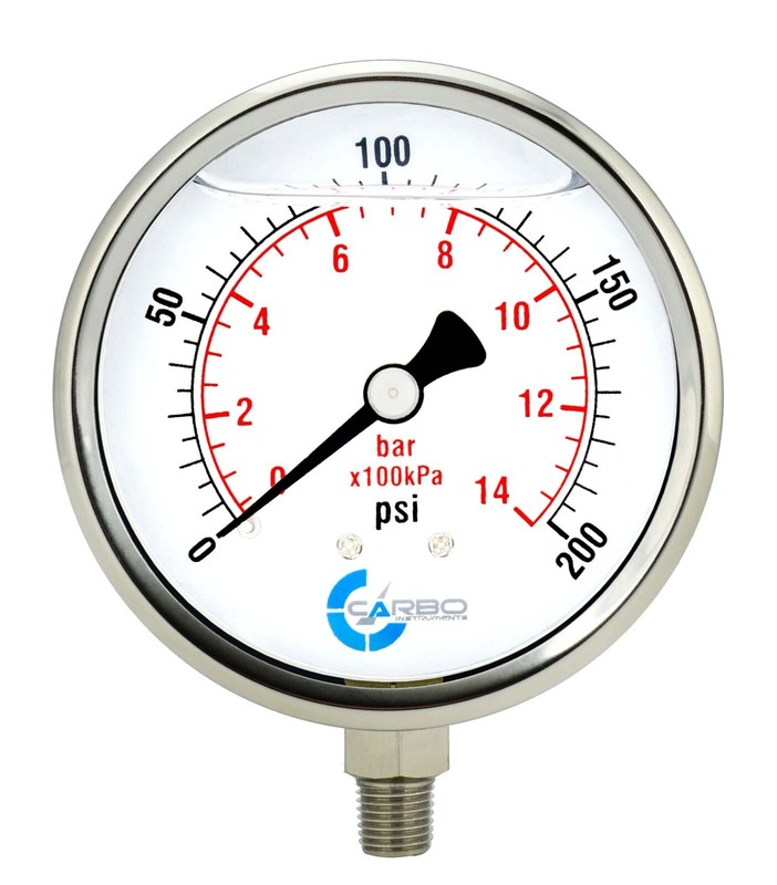 4″ Pressure Gauge, Stainless Steel Case, Liquid Filled, Lower Mnt 200 PSI