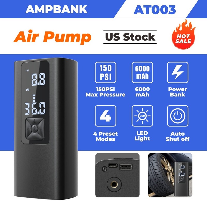 AMPBANK AT003 Super Fast 150PSI 12V Portable Tire Inflator and Air Compressor