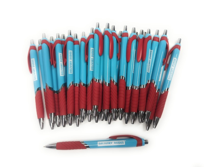 30ct Bulk Lot RED & BLUE Misprint Retractable Click Pens: Rubber Grip