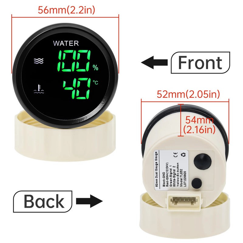 Digital 52mm 3-in-1 Gauge Water Waste Voltage Meter Sewage Sensor 12V 24V Level gallery