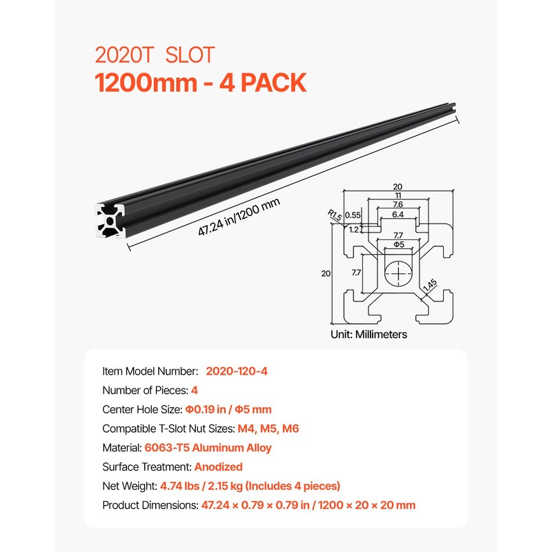4PCS 47.2 in (1200mm) T Slot 2020 Aluminum Extrusion Anodized Linear Rail gallery