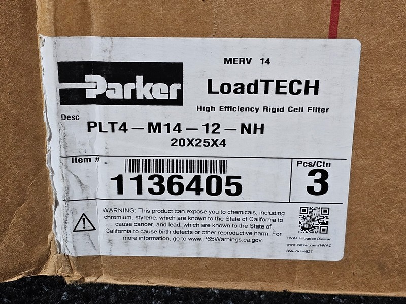 (QTY 3) Parker LoadTECH 1136405 PLT4-M14-12-NH 20x25x4 MERV 14 Mini-Pleat Filter gallery