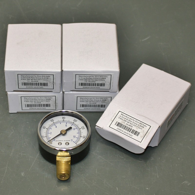 (5) Pressure Gauge 59JM08, 2″ Dial, 0 to 160 PSI, 0-11 kPa, 1/4″ NPT Brass, Test