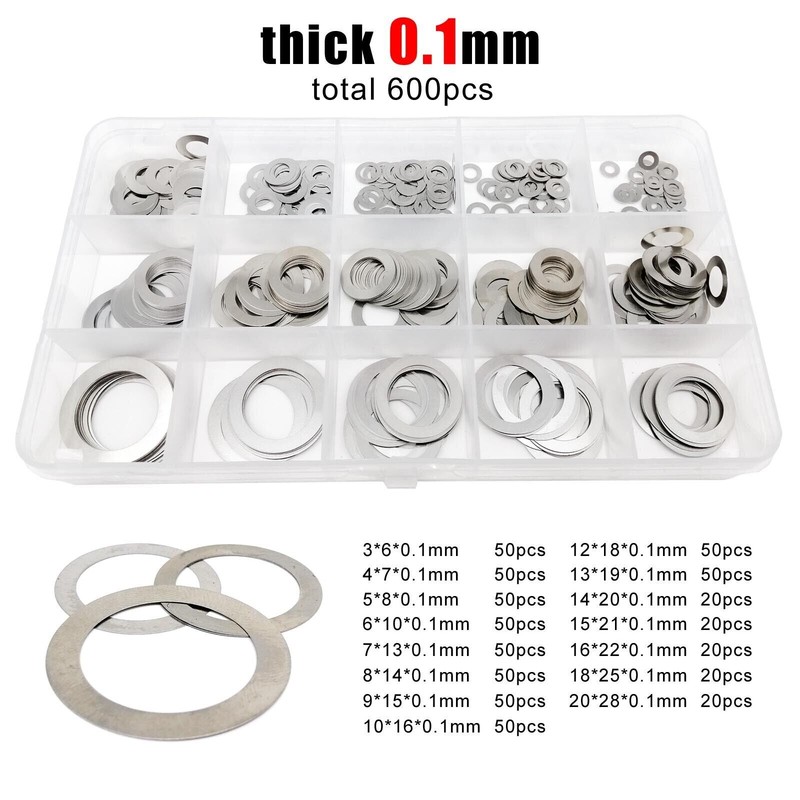 600pcs M3-M20 304 Thin Flat Washer Adjusting Shim Plain Gasket Kit Set 0.1mm