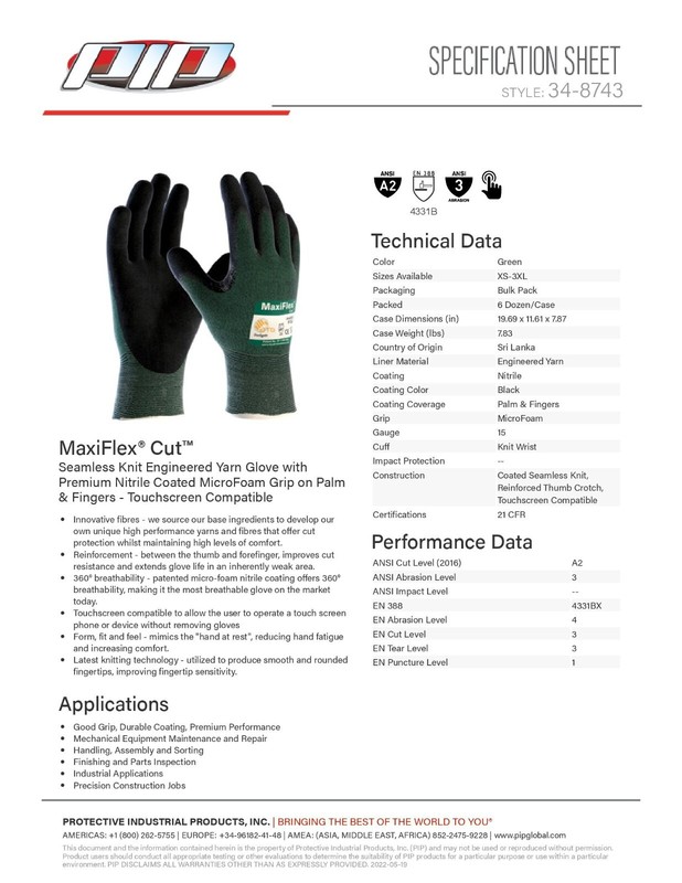 MaxiFlex 34-8743 Micro Foam Nitrile Coated ANSI A2 Cut Resistant Work Gloves 6PR gallery