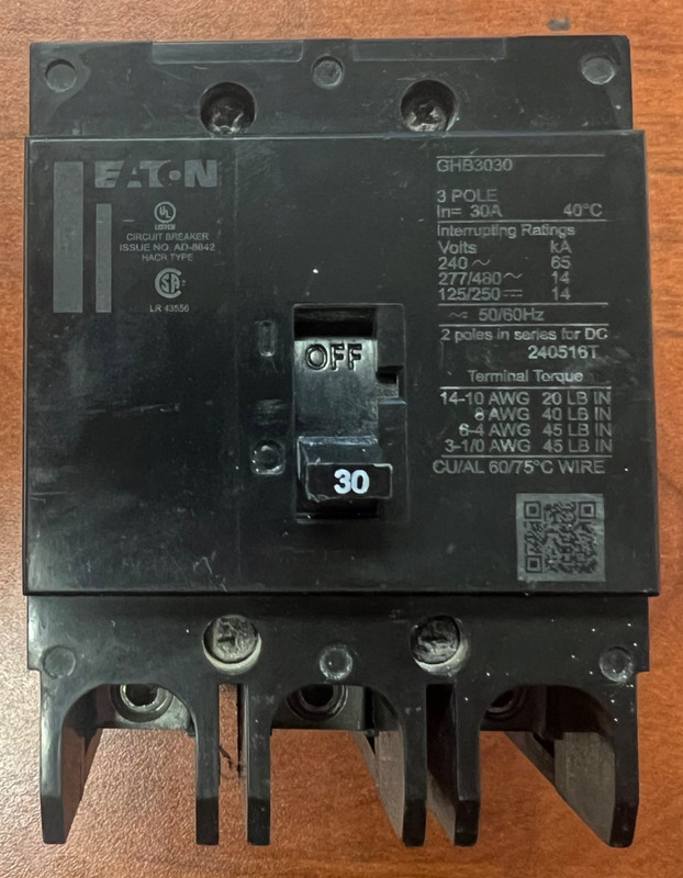 GHB3030 Eaton Circuit Breaker 30 amp Bolt on GHB 3 Pole 14k AIC LOAD TESTED