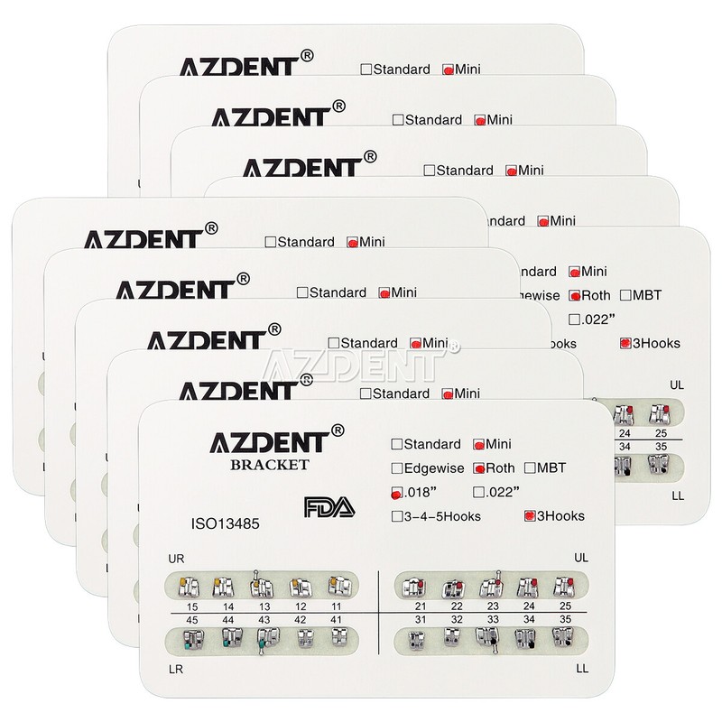 AZDENT Dental Ortho Brackets Braces Mini/Standard Roth/MBT 018/022 3/Hooks 3-4-5