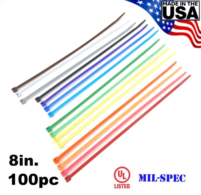 Color Zip Cable Ties 8″ 40lbs 100pc Made in USA Nylon Wire Tie Wraps