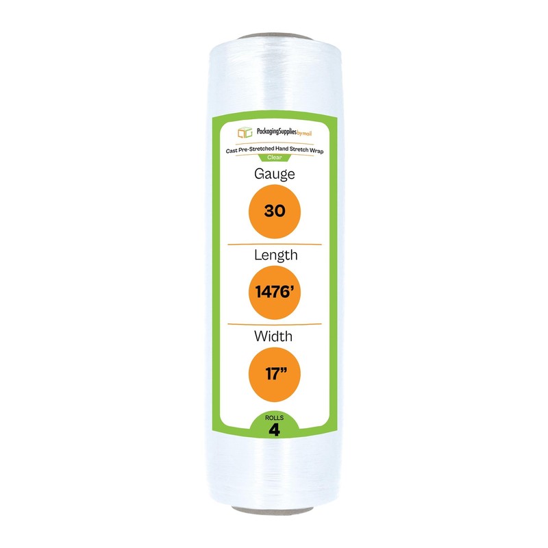 4 Rolls 17″ x 1476′ (30 Gauge) Plastic Film Pre-Stretch Hand Shrink Wrap Clear