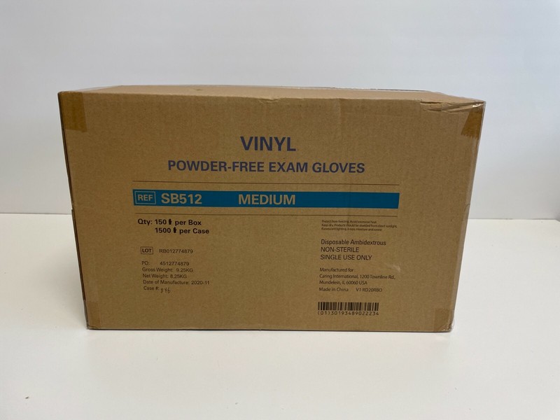 U10: Case of 1500 (10 Boxes) Medline Vinyl Powder-Free Gloves Medium SB512